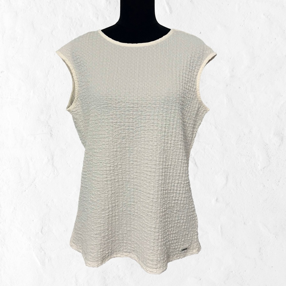 Calvin Klein Textured Blouse Womens Large Cream Excellent Sleeveless Keyhole Top